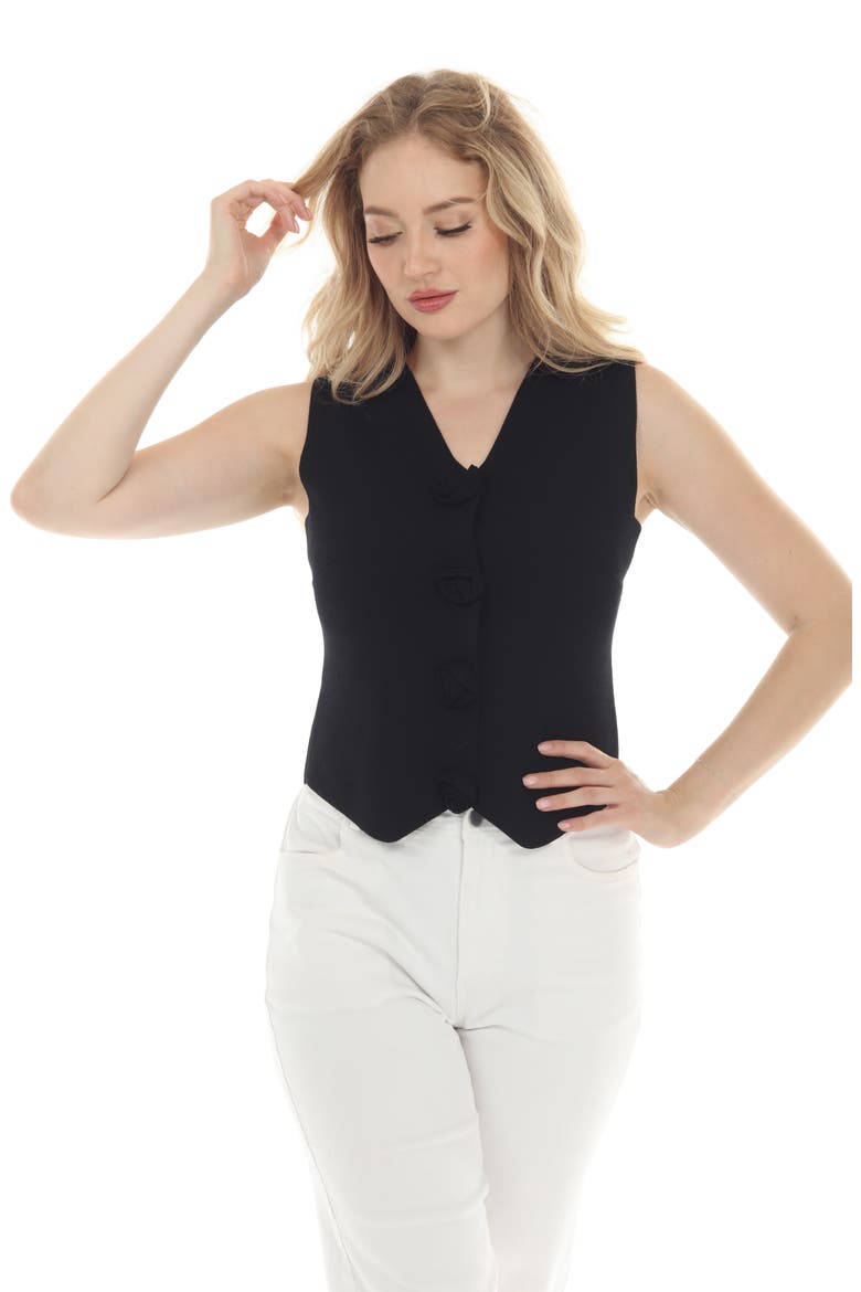 Rosette Button Front Knit Vest, Alternate, color, BLACK