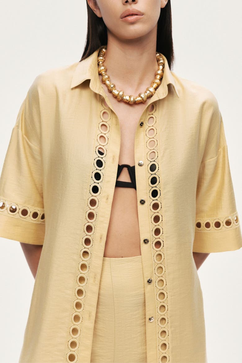 Belted Eyelet Detail Short-Sleeve Jacket, Alternate, color, Yellow