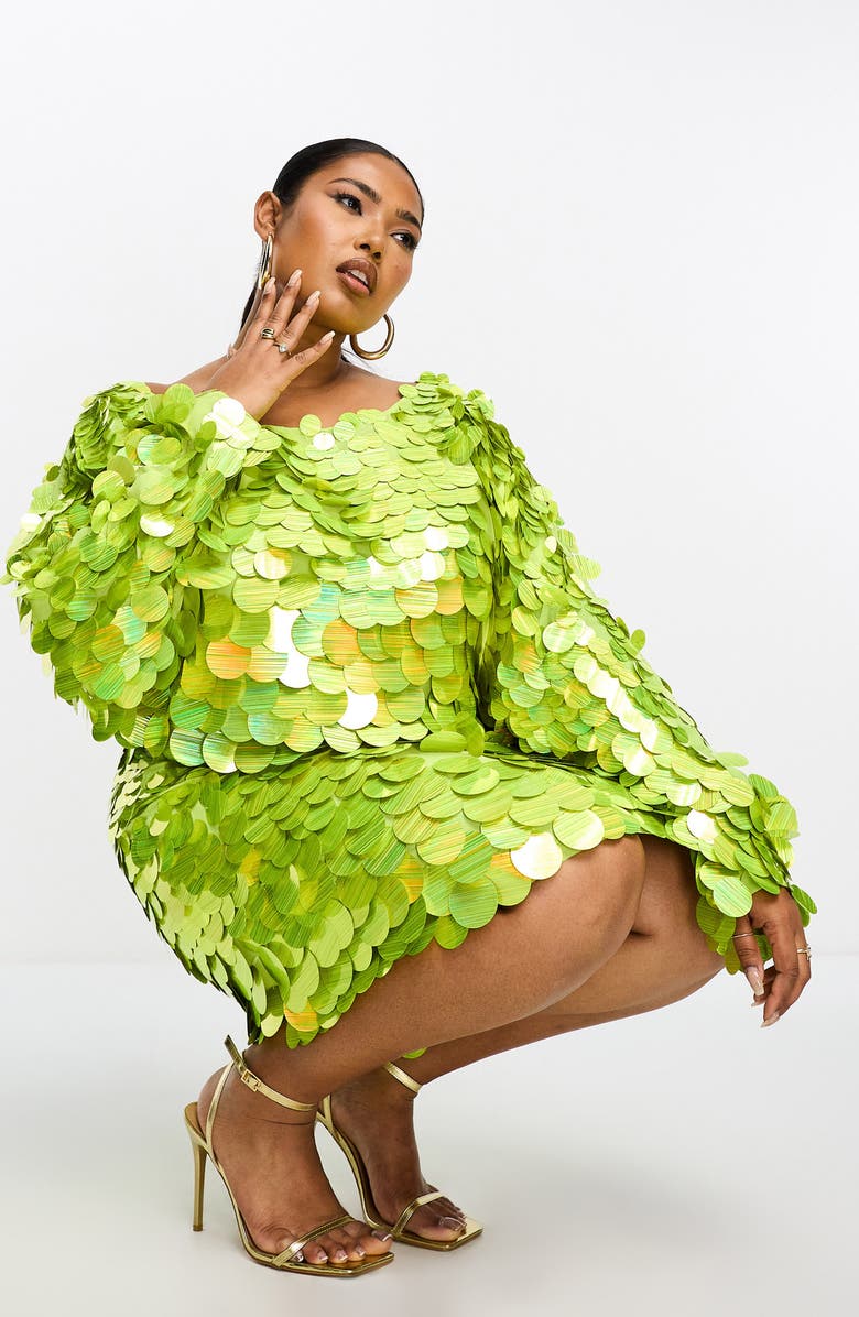 ASOS DESIGN Curve Paillette Sequin One-Shoulder Long Sleeve Minidress, Alternate, color,