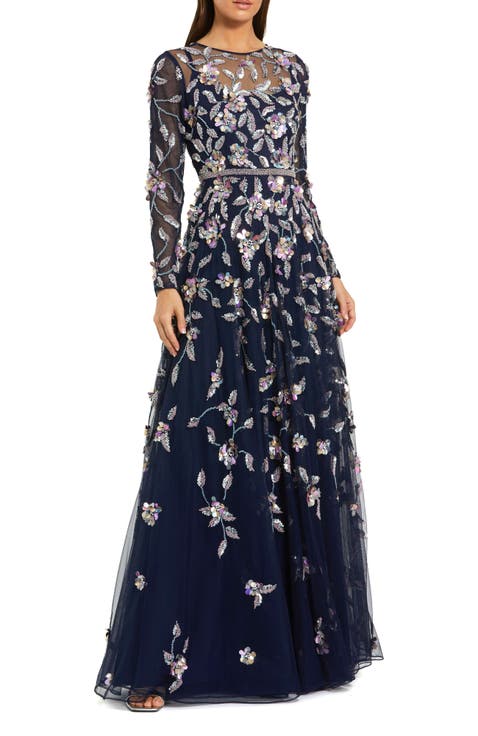 Long Sleeve Floral Embellished Evening Gown