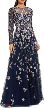 Mac Duggal Long Sleeve Floral Embellished Evening Gown