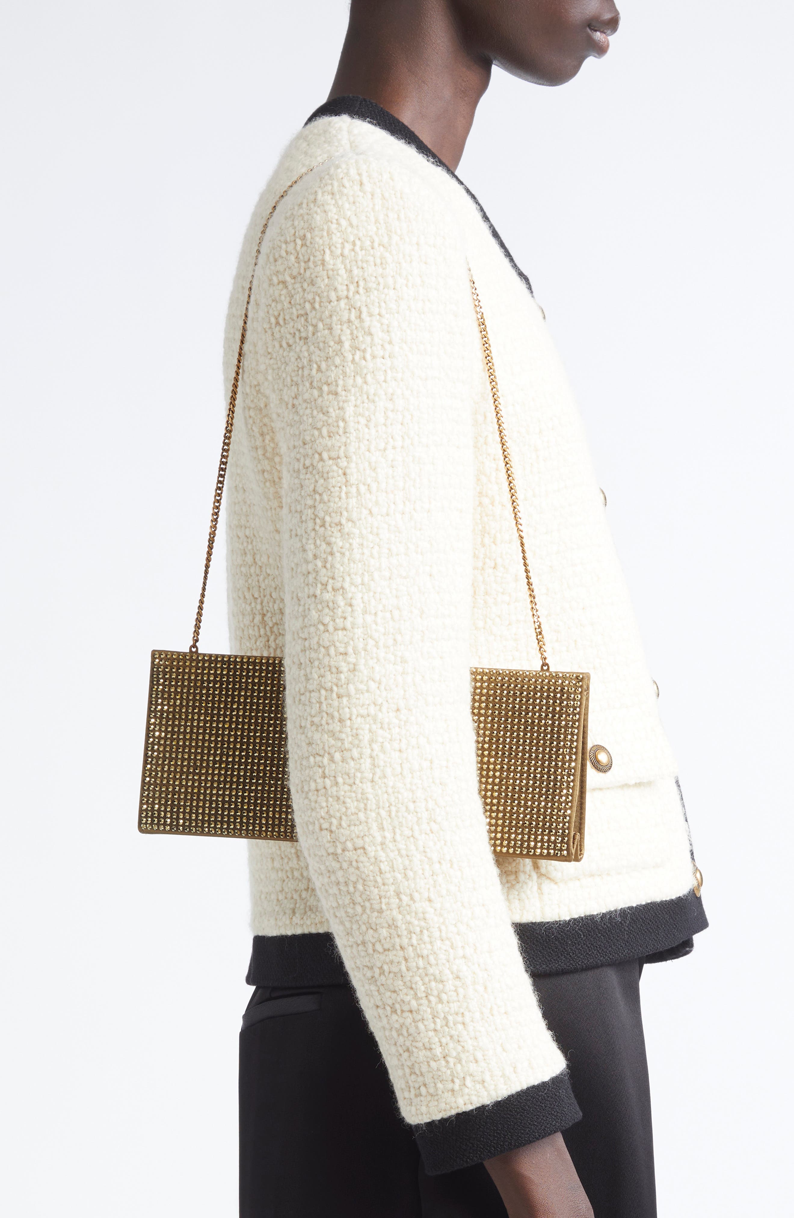 Saint Laurent Midnight Crystal Embellished Satin Clutch, Alternate, color, Astres