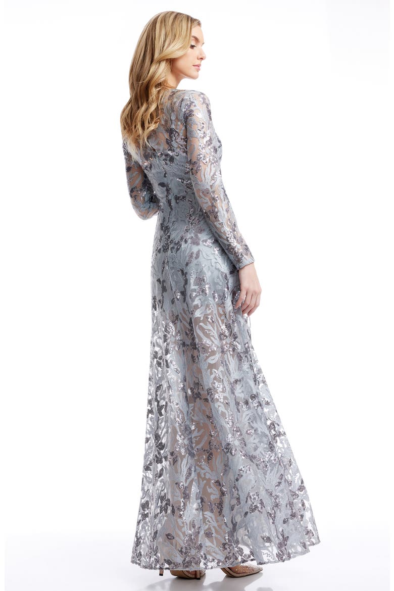 Ava Sequin Floral Long Sleeve A-Line Gown, Alternate, color, LIGHT ICE BLUE