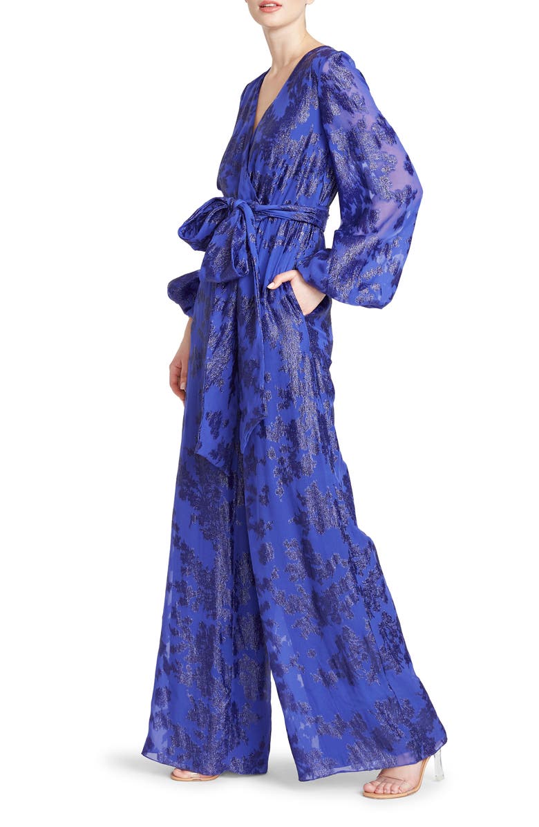 ML Monique Lhuillier Metallic Jacquard Long Sleeve Silk Blend Jumpsuit, Alternate, color, 