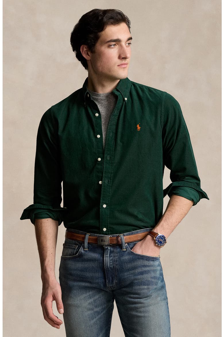 Solid Corduroy Button-Down Shirt, Alternate, color, VINTAGE PINE