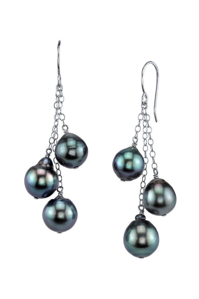 7-8mm 14K Gold Tahitian South Sea Drop Pearl Dangle Cluster Earrings, Main, color, White Gold