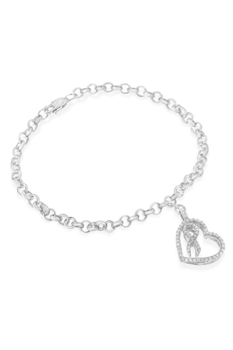 .925 Sterling Silver 1/4 Cttw Diamond-Accented Heart and Ribbon Charm Link Chain Bracelet, Main, color, Silver
