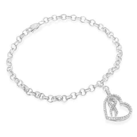 .925 Sterling Silver 1/4 Cttw Diamond-Accented Heart and Ribbon Charm Link Chain Bracelet