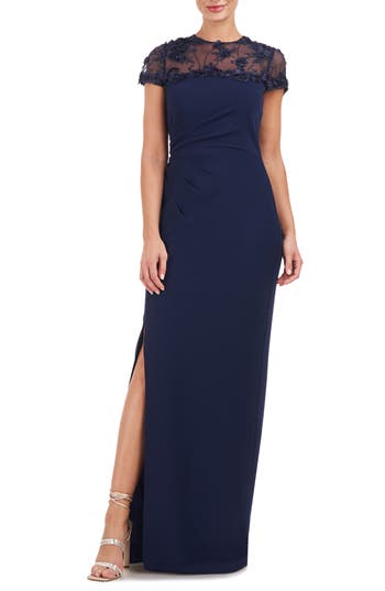 Js Collections Laney Rosette Embroidered Mesh Yoke Sheath Gown In Blue