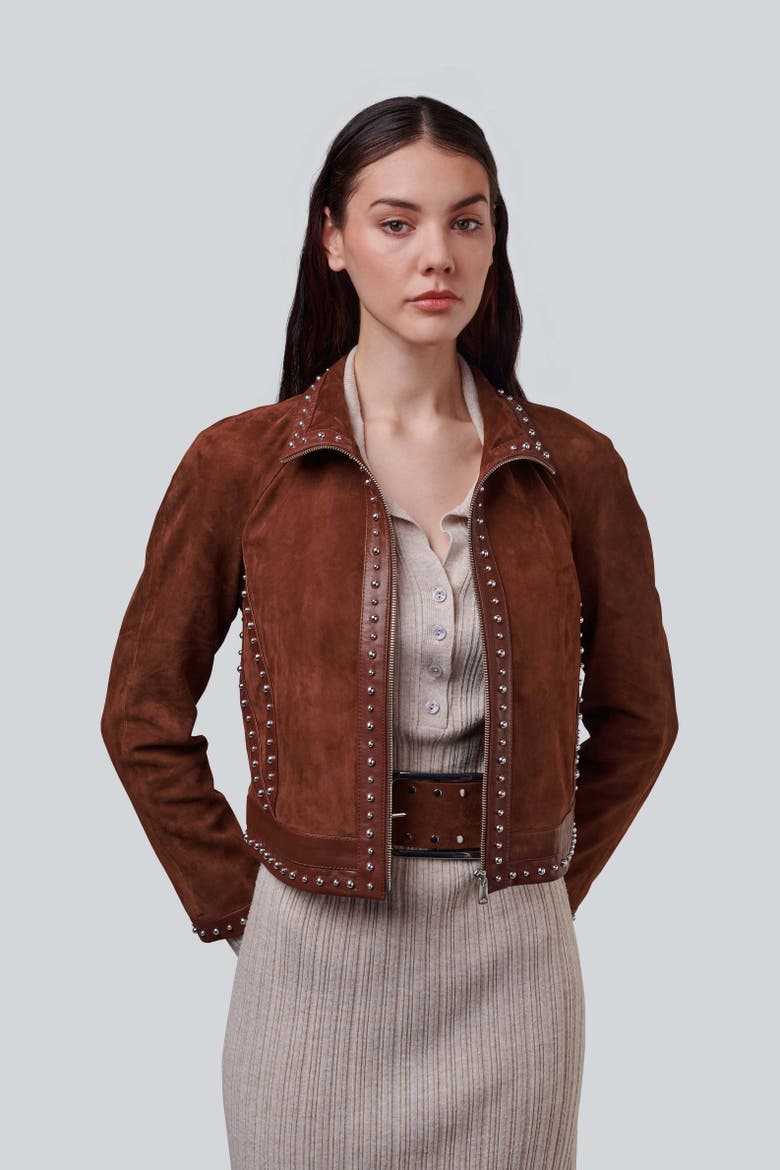 Harper Suede Studded Jacket, Alternate, color, Brown