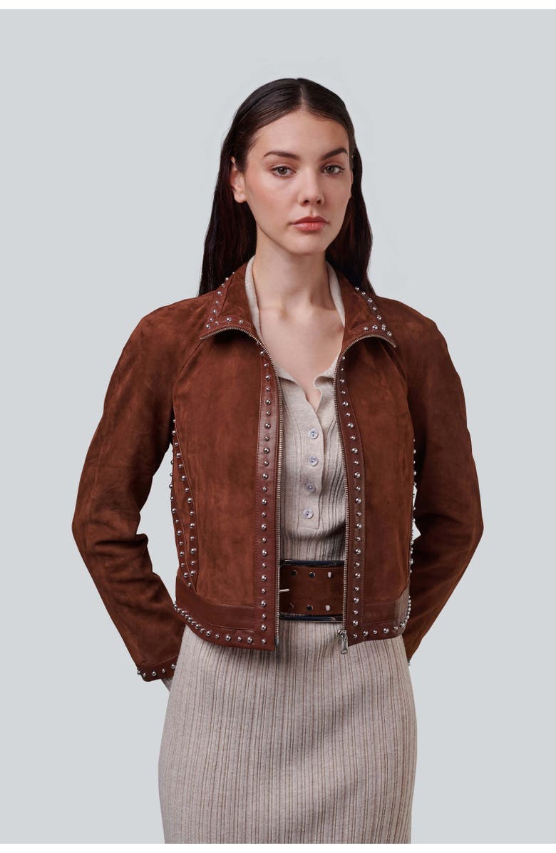 Furniq UK Harper Suede Studded Jacket, Alternate, color, Brown