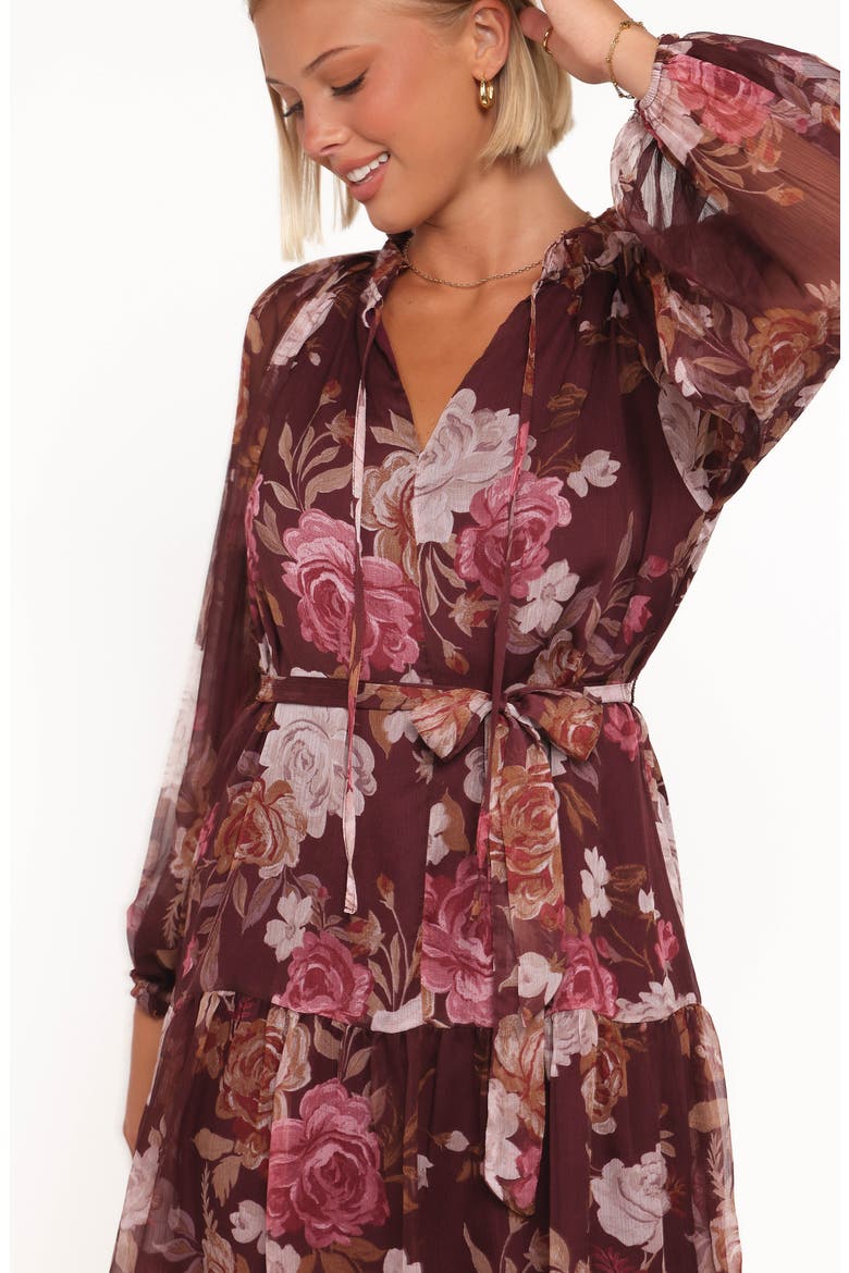 Hensley Floral Long Sleeve Chiffon Dress, Alternate, color, BURGUNDY BRANDY BLOOM