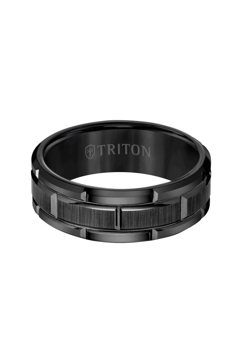 8MM Tungsten Carbide Ring with Brick Pattern Center and Flat Edge, Alternate, color, Black