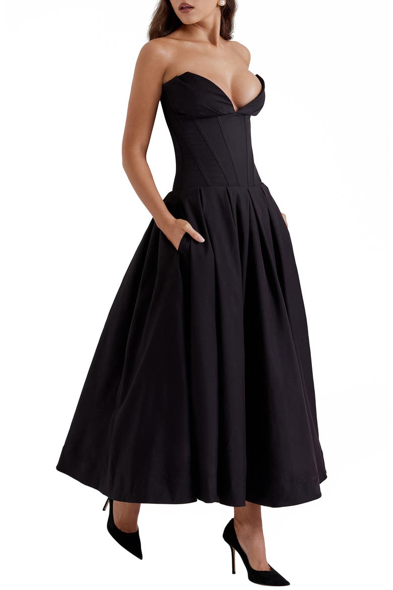 Lady Strapless Midi Dress, Alternate, color, BLACK