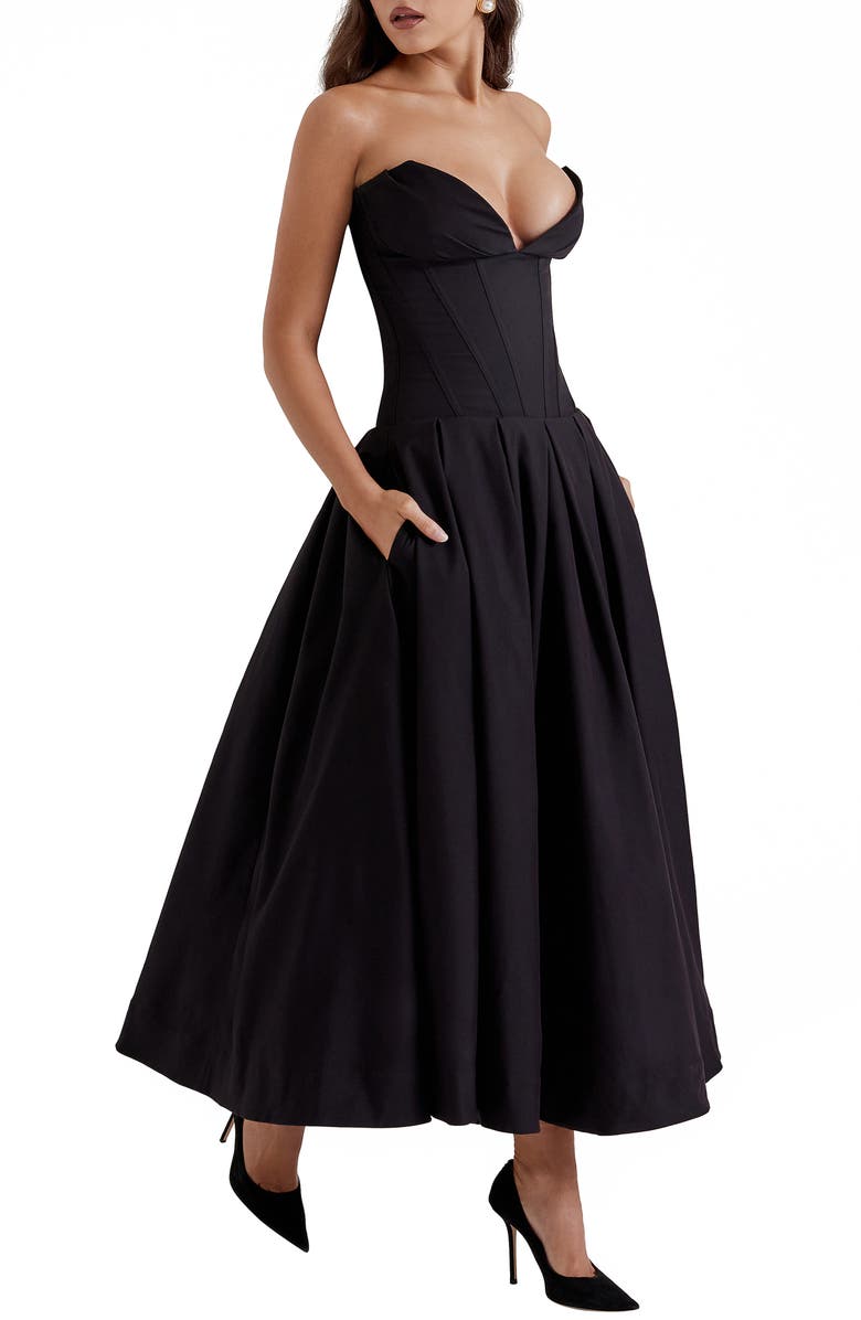 HOUSE OF CB Lady Strapless Midi Dress, Alternate, color, Black