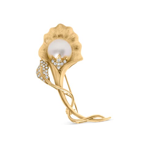 18K Gold 2/5 Cttw Diamond and South Sea Pearl Flower Pin Brooch