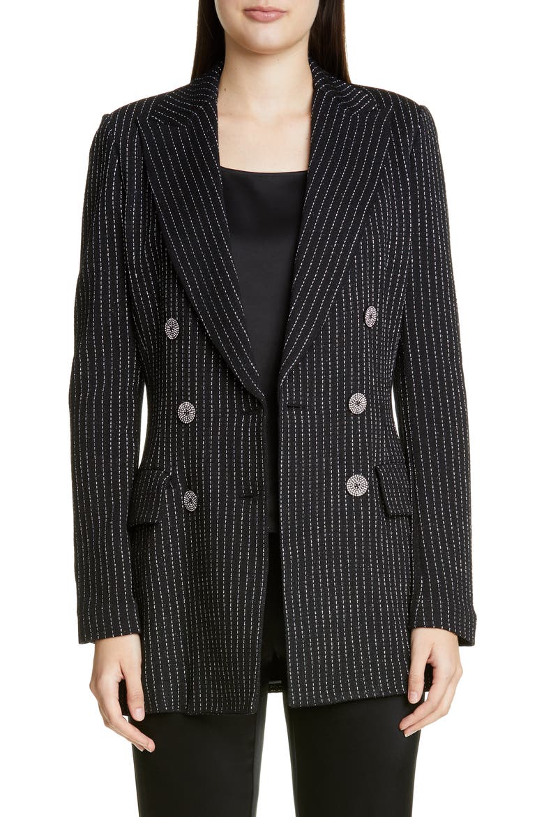 Evening Paillette Pinstripe Double Breasted Blazer, Main, color, CAVIAR/ SILVER