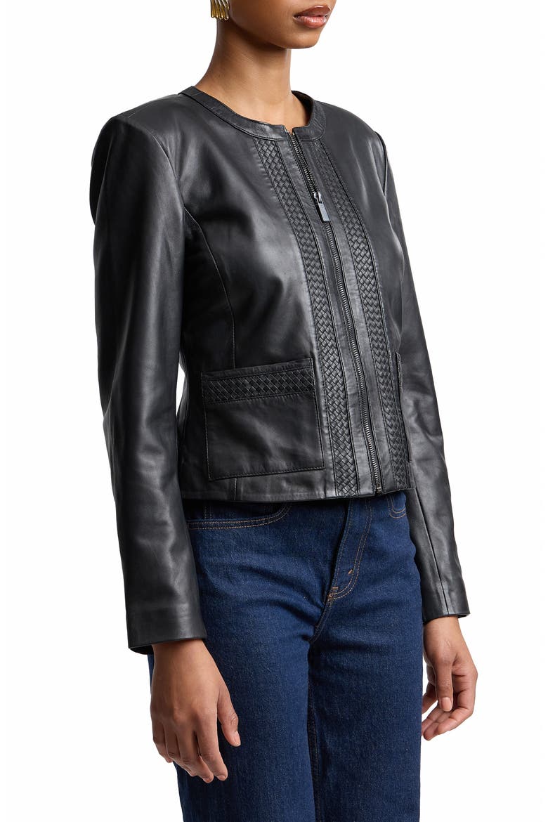 Basketweave Detail Leather Jacket, Alternate, color, BLACK