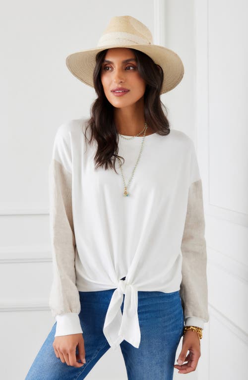 Karen Kane Contrast Sleeve Tie Front Knit Top In White