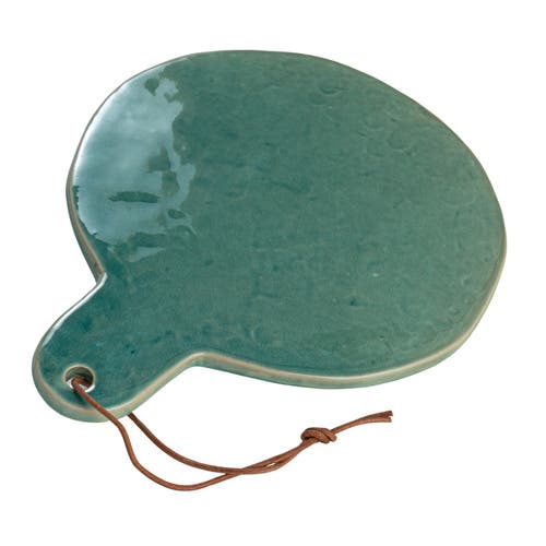 Storied Home Round Stoneware Cheese Board With Leather Tie In Green