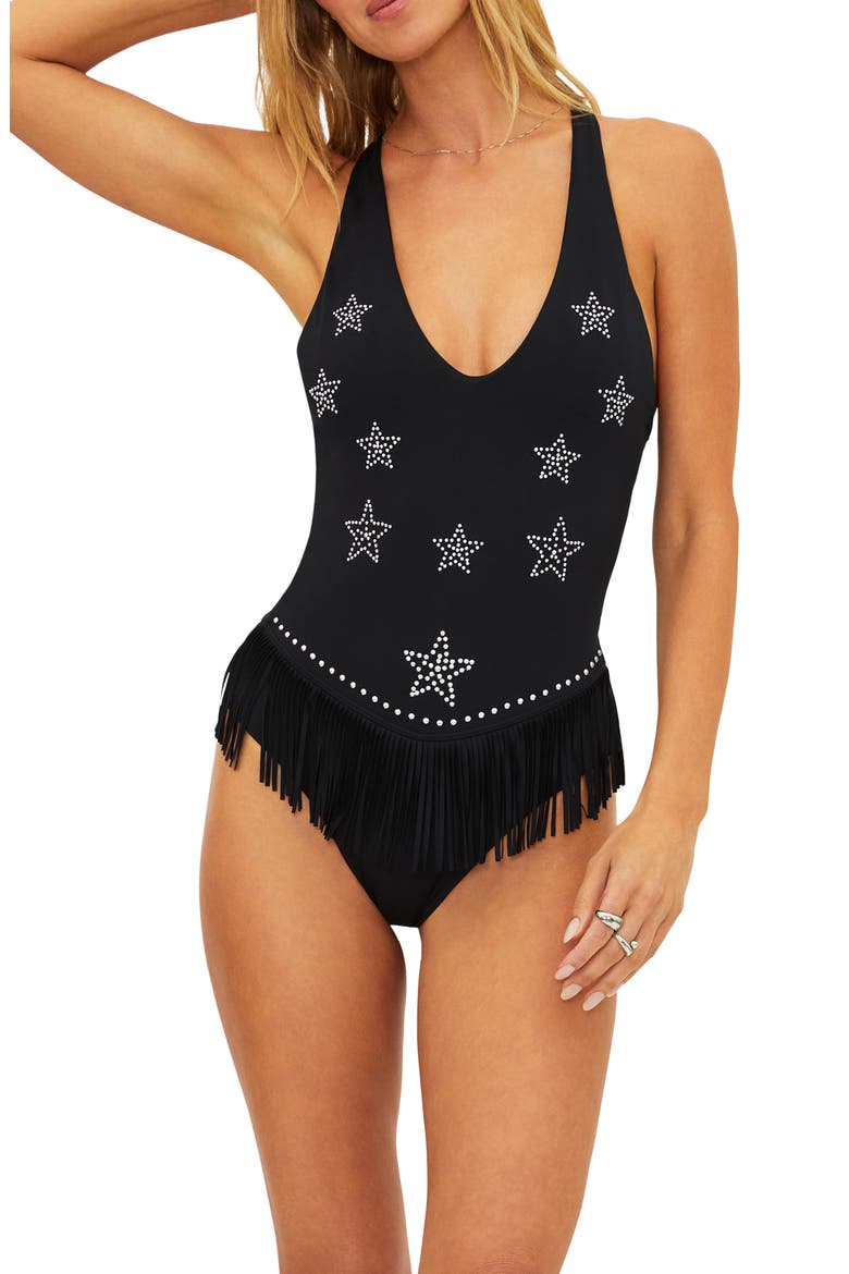 Juliana Embellished Fringe One-Piece Swimsuit, Main, color, BLACK