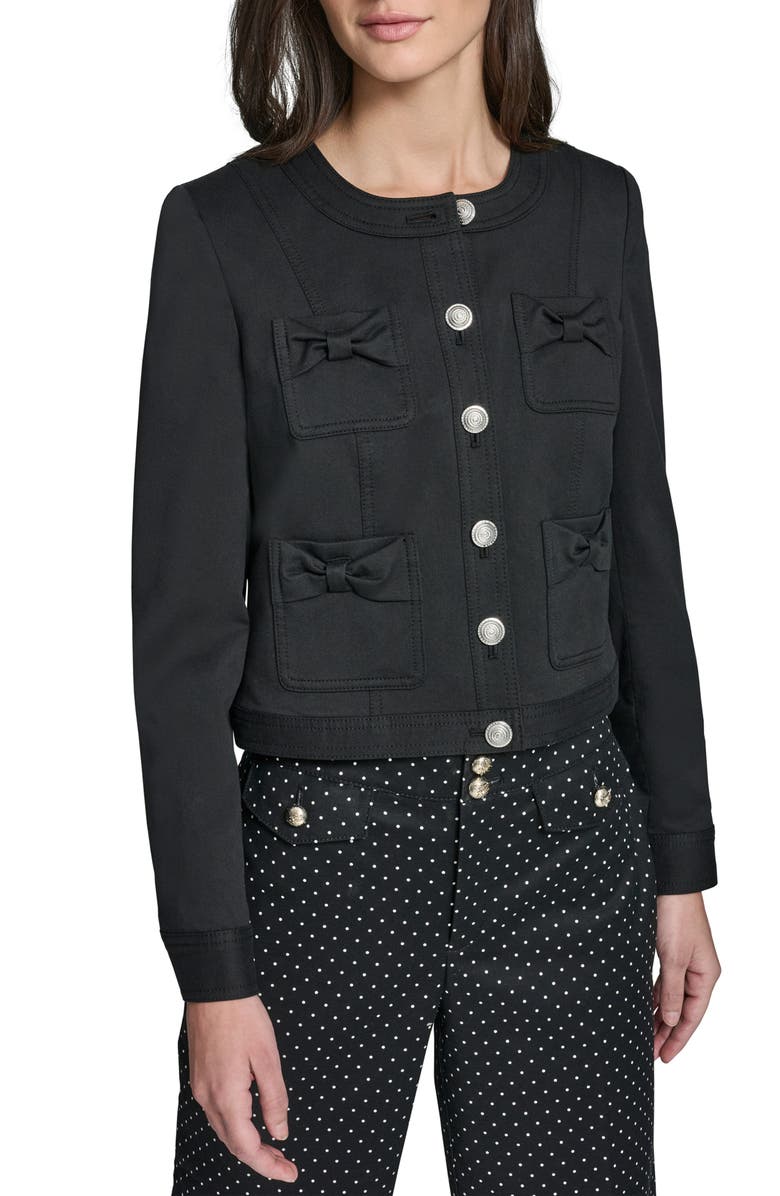 KARL LAGERFELD PARIS Bow Four Pocket Jacket, Main, color, Black