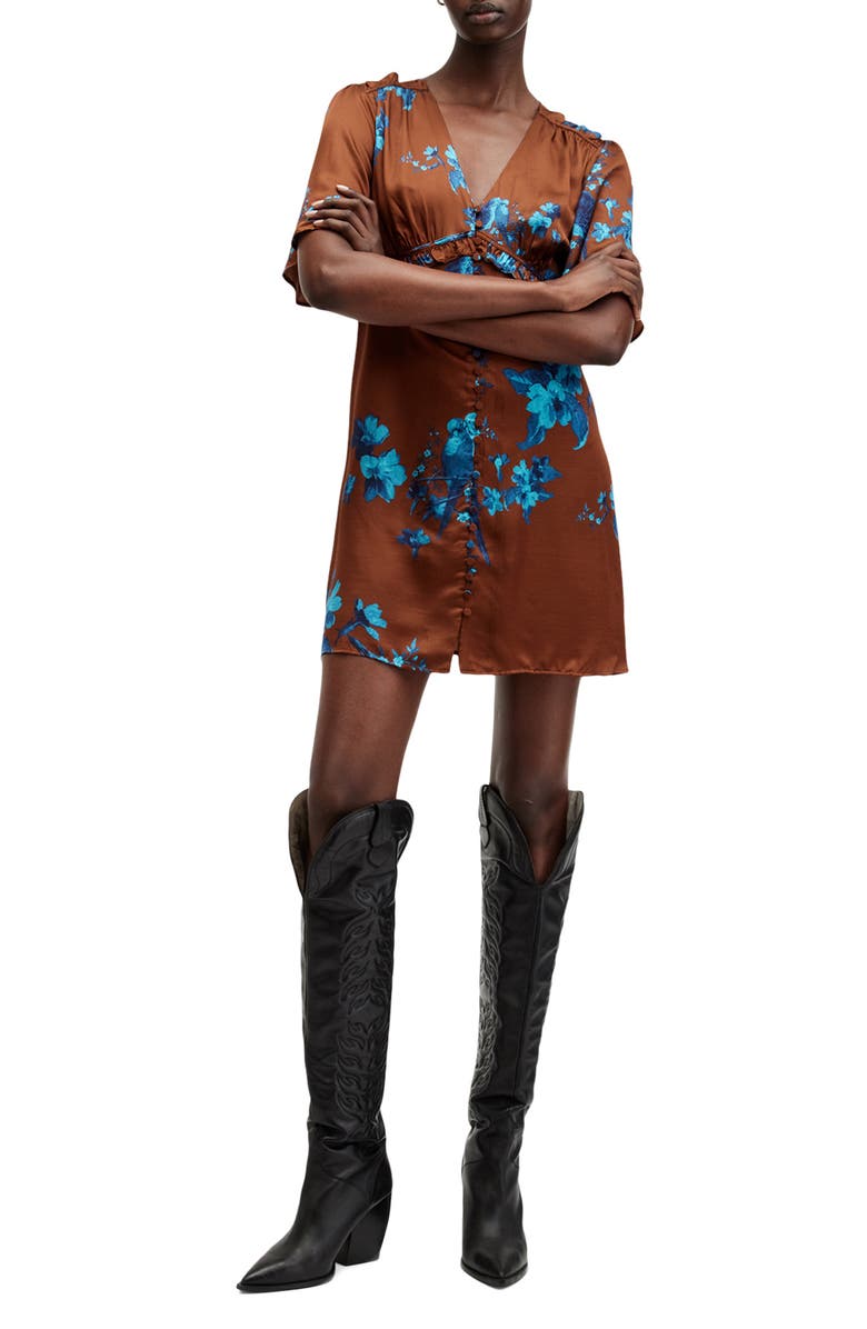 AllSaints Tian Iona Short Sleeve Empire Waist Satin Dress, Alternate, color, Rust Red