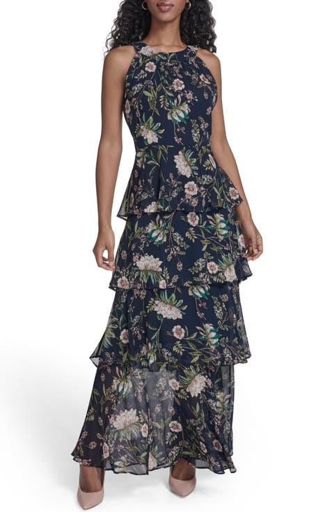 Floral Sleeveless Tiered Chiffon Maxi Dress