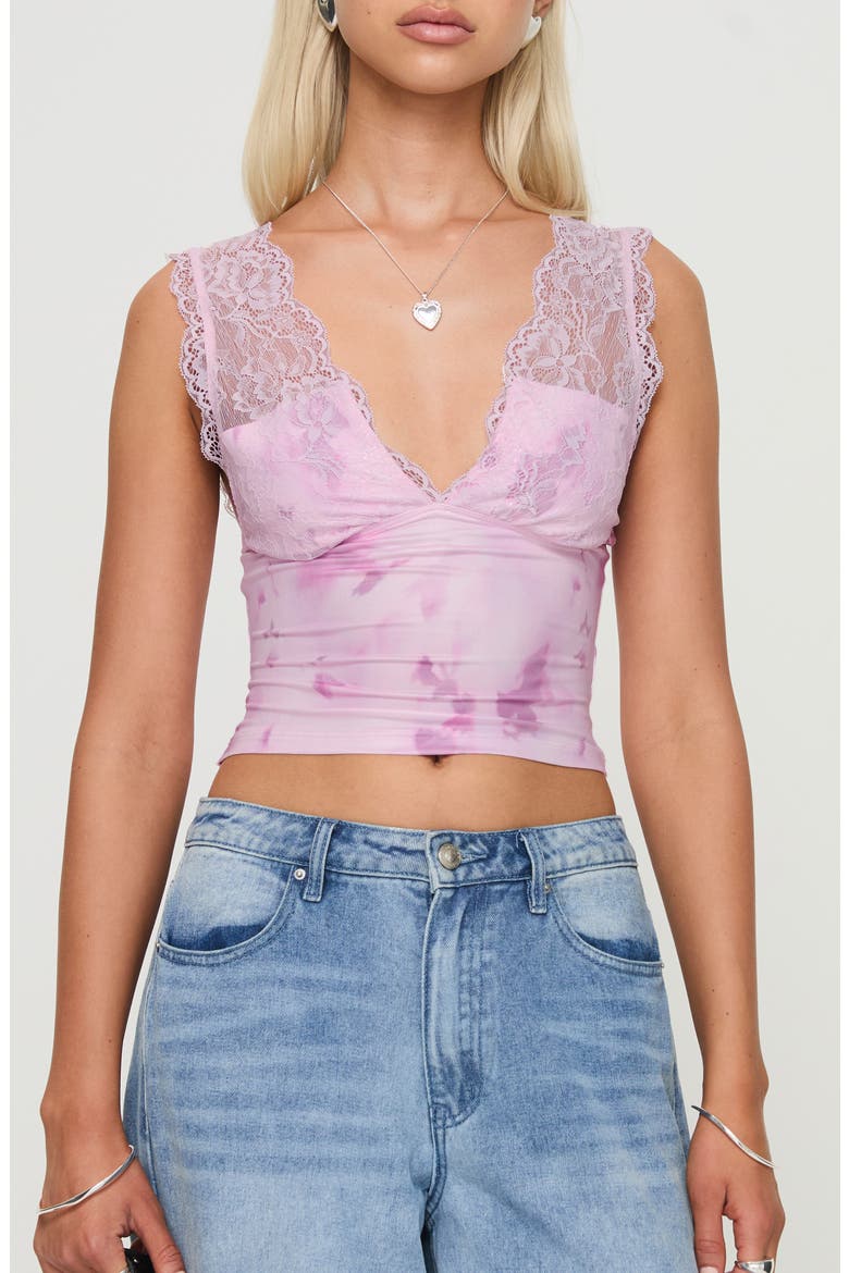 Typha Print Lace Trim Tank Top, Main, color, PINK