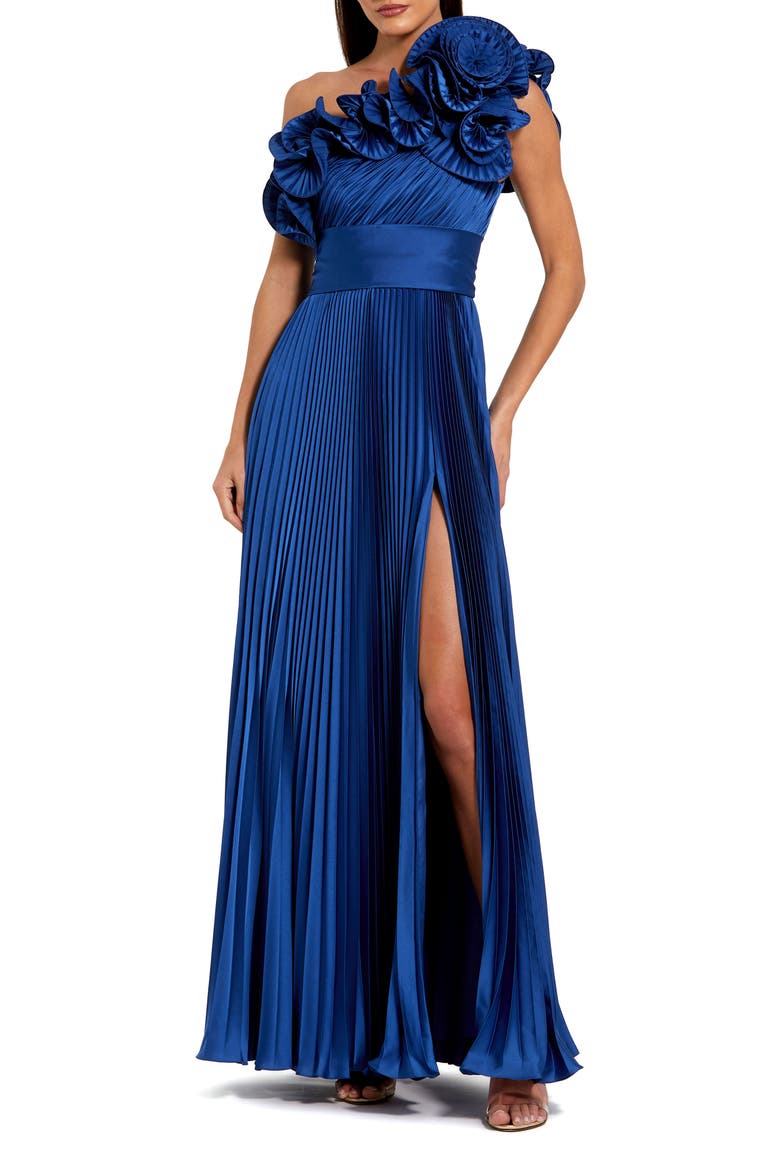 Pleated Charmeuse One Shoulder Ruffle Gown, Main, color, Cobalt