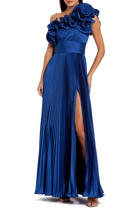 Pleated Charmeuse One Shoulder Ruffle Gown