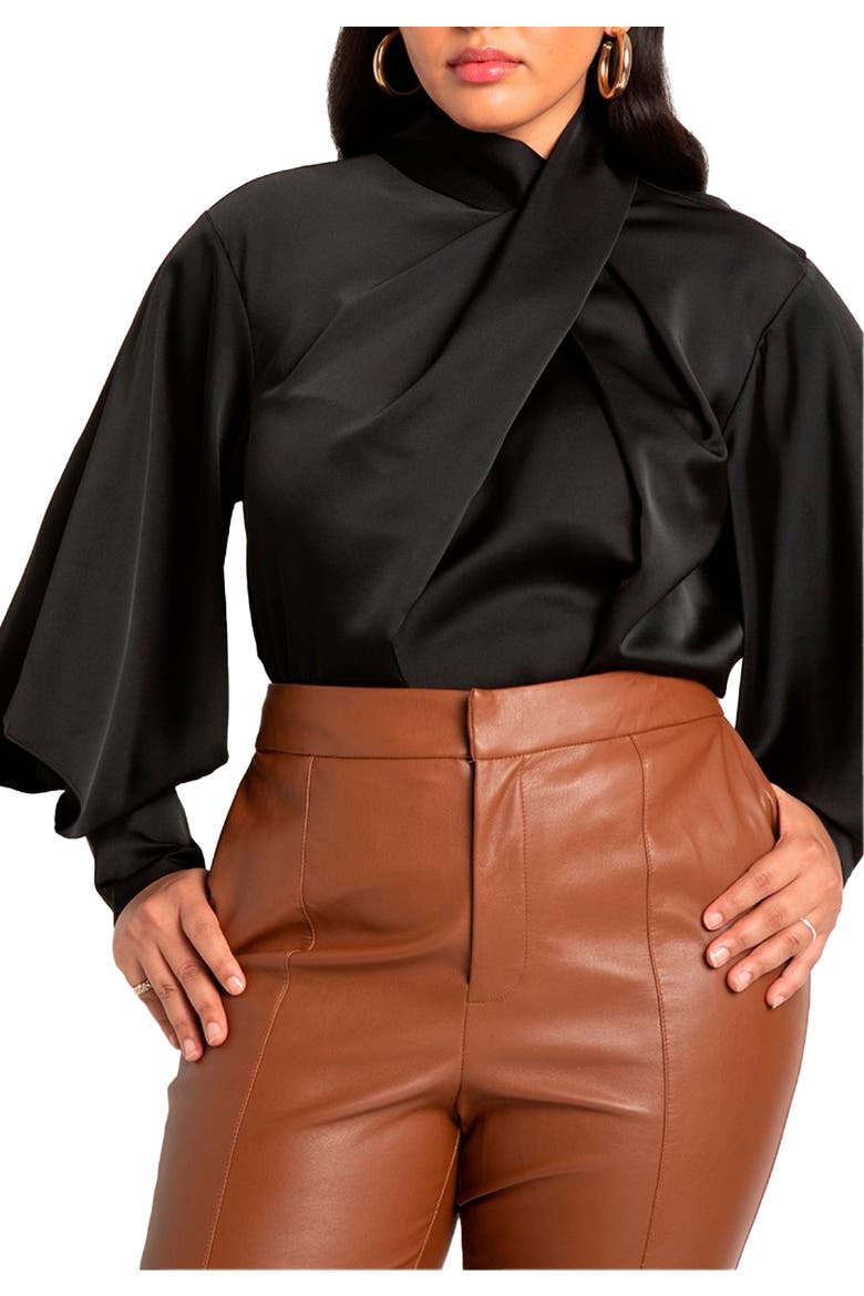 Draped Neck Satin Blouse, Main, color, BLACK ONYX