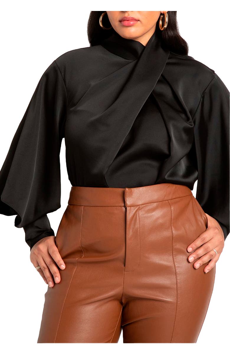 ELOQUII Draped Neck Satin Blouse, Main, color, Totally Black