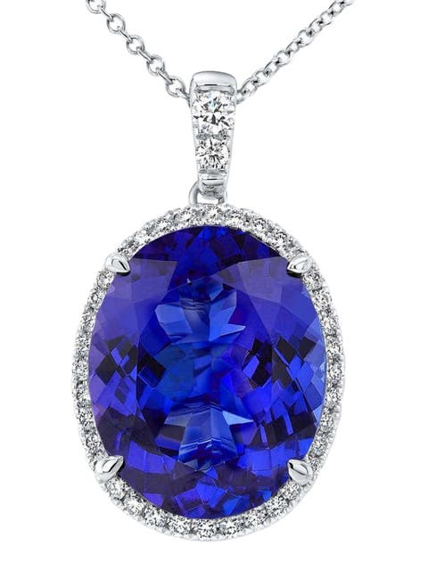 5 Ct TW Oval Tanzanite & Lab Grown Diamond Halo Pendant 14k Gold Necklace