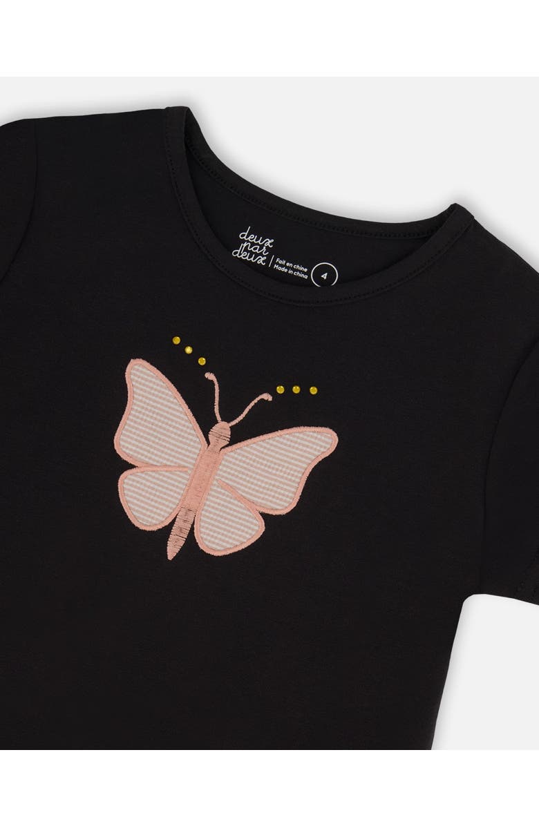 Deux par Deux Girl's Organic Cotton Top With Applique Black And Pink Butterfly, Alternate, color,