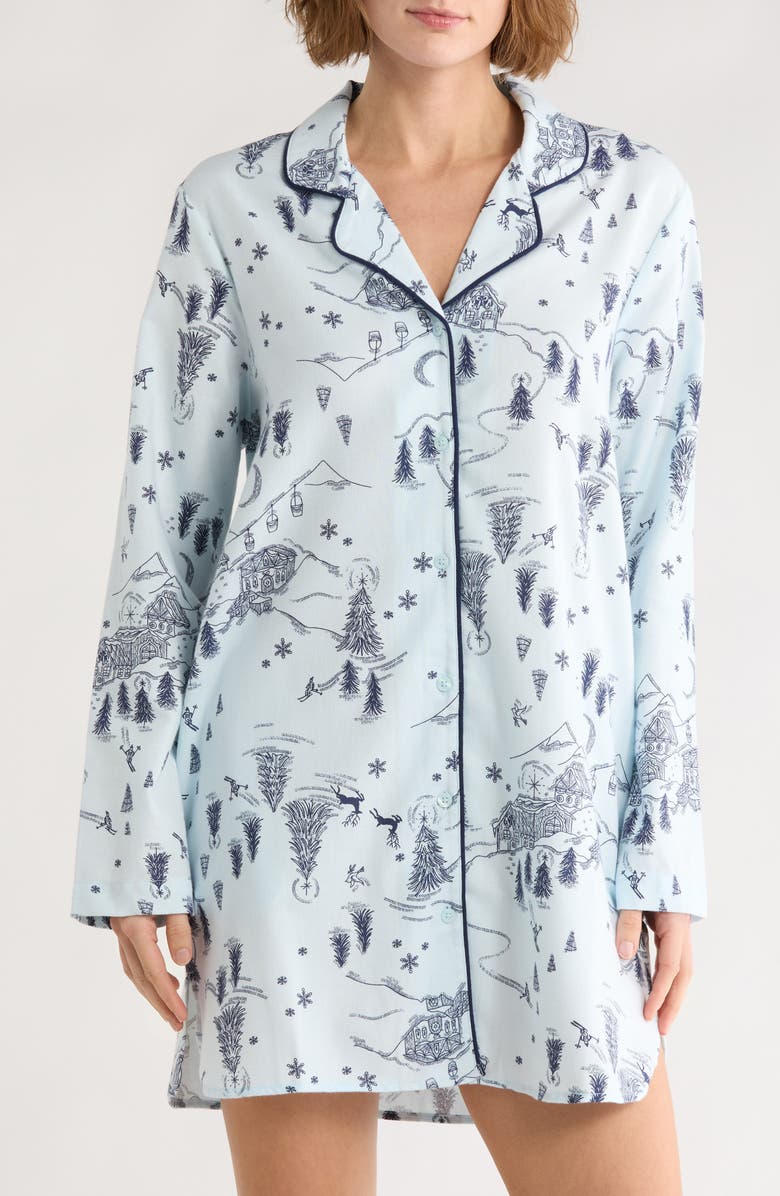 NORDSTROM RACK Print Flannel Long Sleeve Nightgown, Main, color, Blue- Navy Chateau Toile