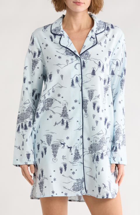 Print Flannel Long Sleeve Nightgown
