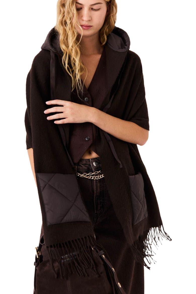 Hooded wool scarf, Alternate, color, Brown