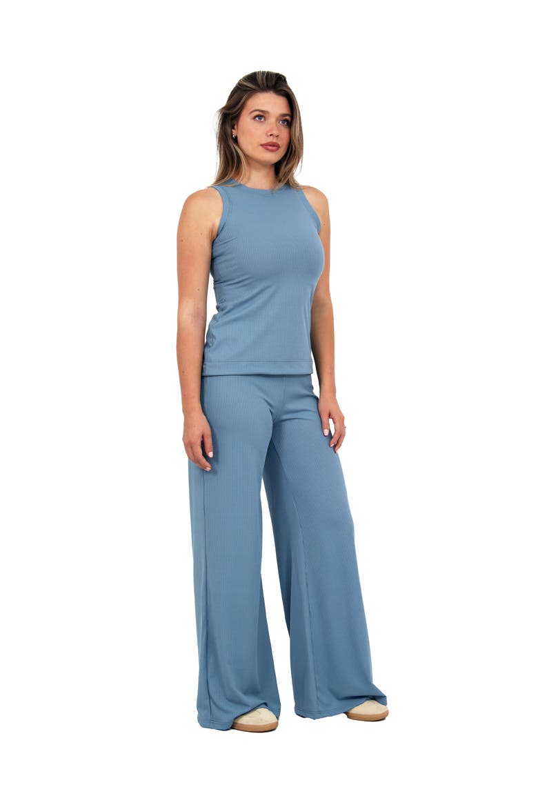 Womens Basic Ribbed Knit Tank Top and Elastic Waist Wide Leg Pant Set, Alternate, color, Denim