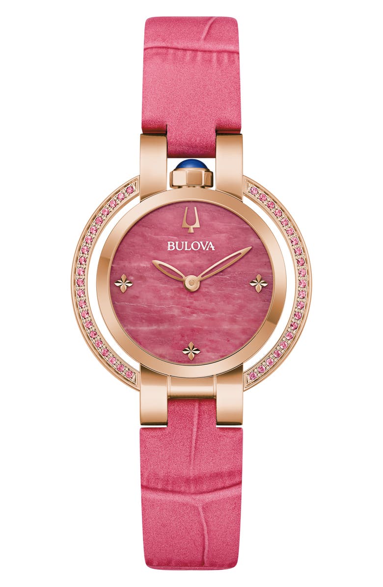 BULOVA Rubaiyat Sapphire Leather Strap Watch, 30mm, Main, color, Rose Gold-Tone
