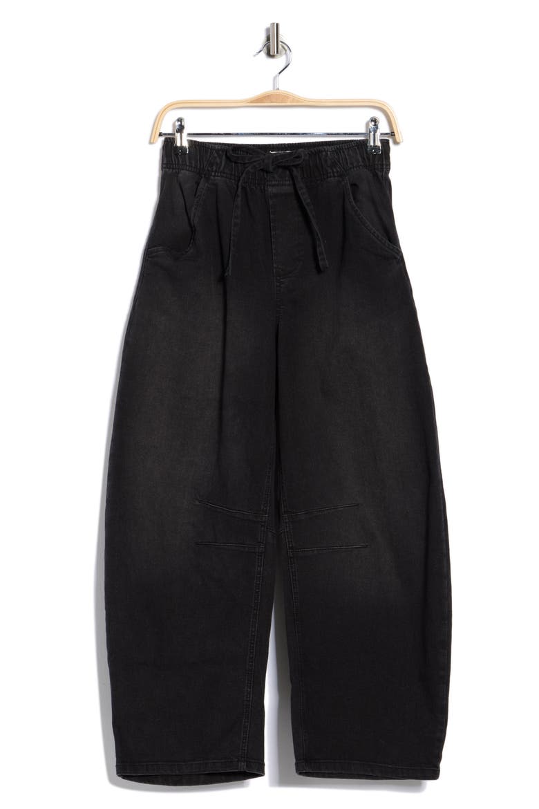 Drawstring Waist Crop Barrel Leg Jeans, Alternate, color, WASHED BLACK