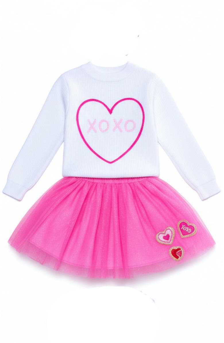 Mia Belle Girls Embroidered Sweater and Heart Patch Tutu Skirt Set, Main, color, Pink
