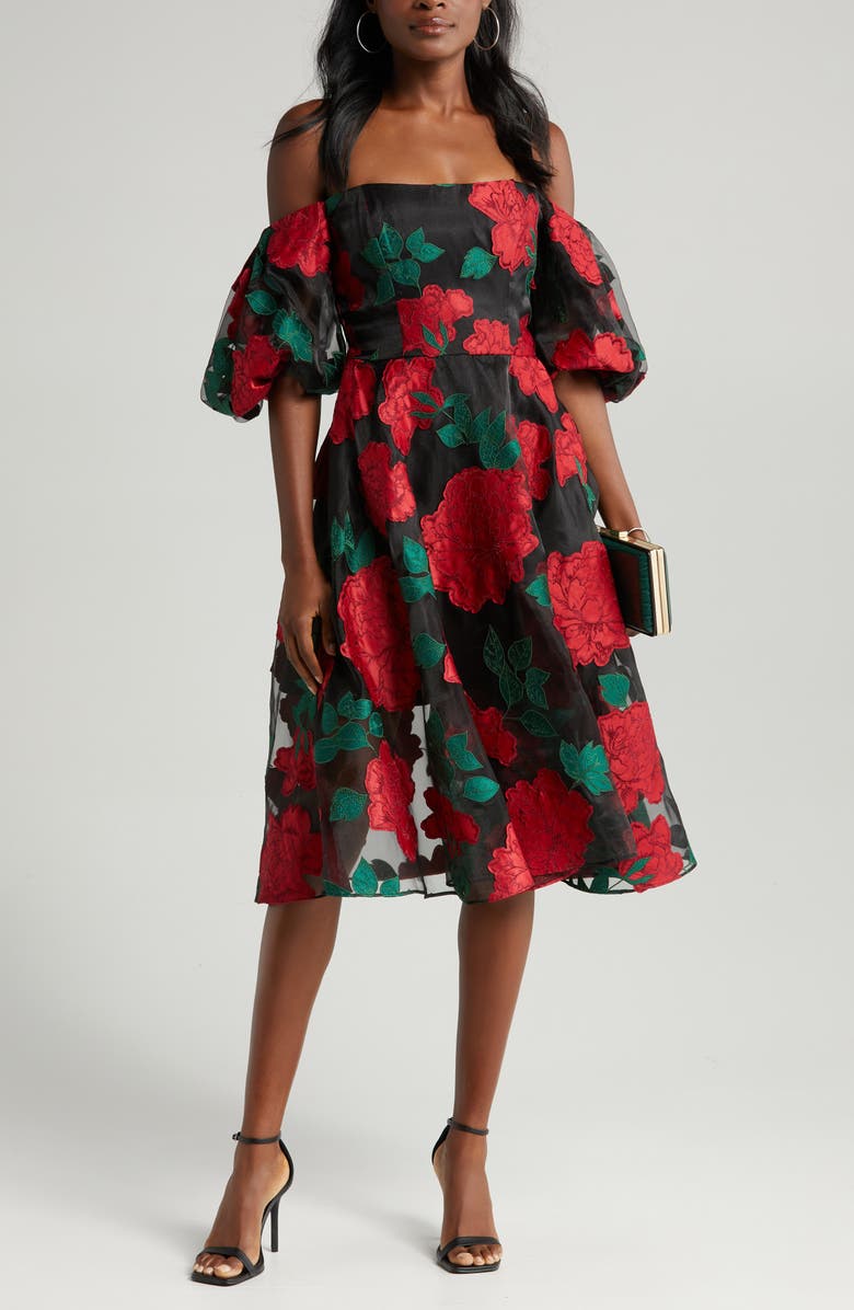 Marchesa Notte Floral Puff Sleeve Off the Shoulder Dress, Main, color, Black Combo