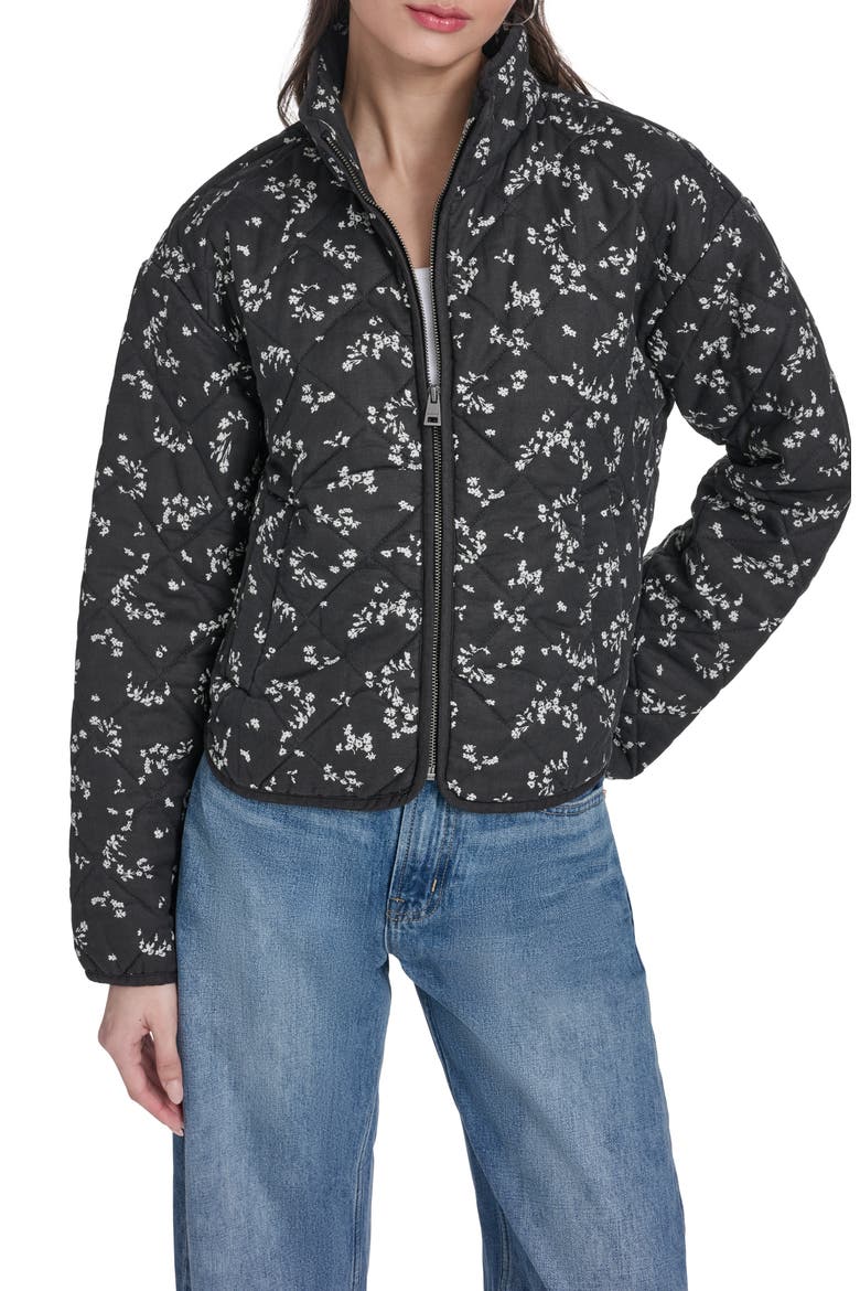 Quilted Cotton Jacket, Main, color, BLACK W. WHITE FLORAL