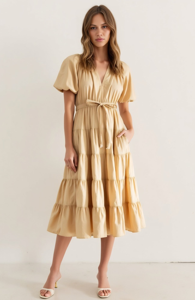 Modenaire Tiered Puff-Sleeve Tie-Waist A-Line Midi Dress, Main, color, Beige