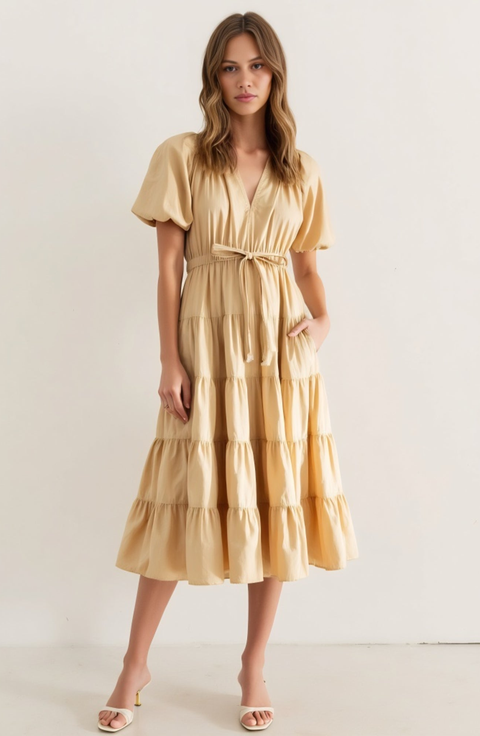 Tiered Puff-Sleeve Tie-Waist A-Line Midi Dress