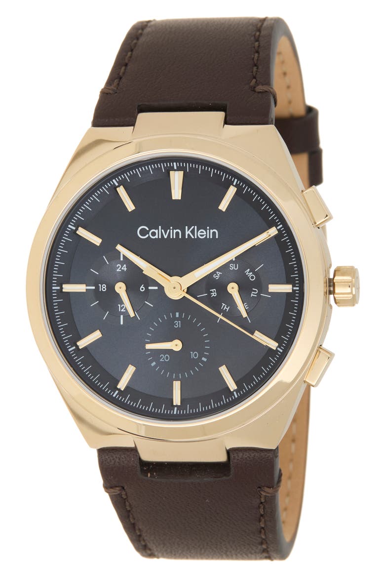 Distinguish Leather Strap Watch, Main, color, BLUE