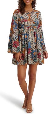 Kensie Paisley Long Sleeve Babydoll Minidress