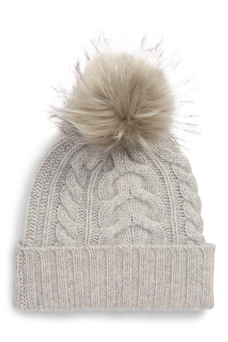 Cashmere Cable Knit Beanie with Faux Fur Pom, Main, color, GREY SOFT HEATHER