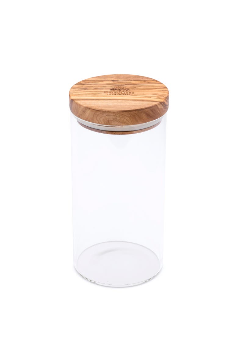 Glass Storage Jar With Olive Wood Lid, 30-ounce, Main, color, Brown